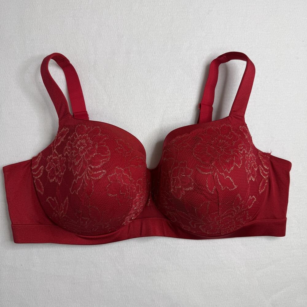 Cacique Bra Womens 46DDD Red Lace Floral T Shirt Underwire Padded Full Coverage